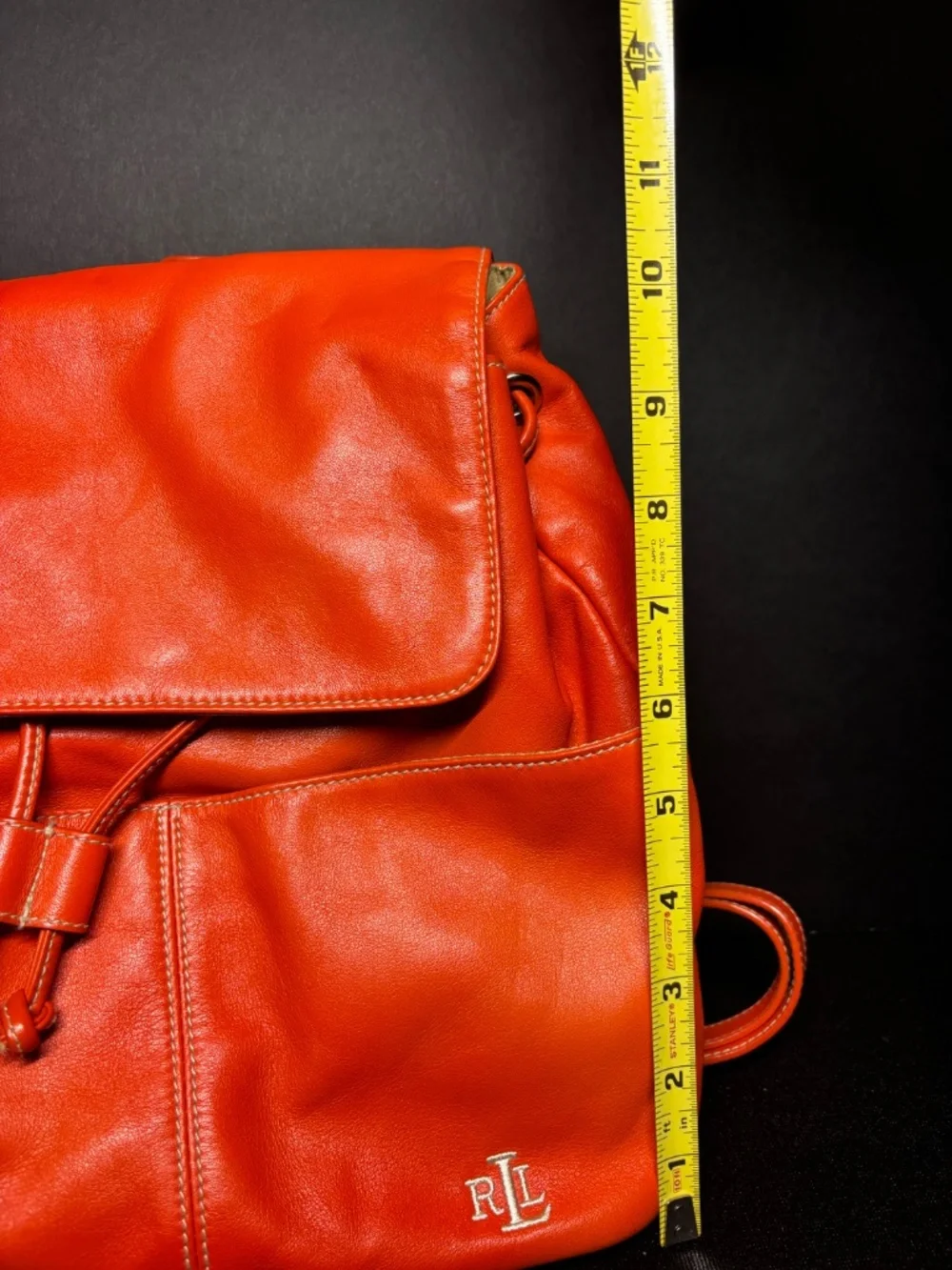 Lauren Ralph Lauren Orange Leather Drawstring Backpack Bag RL Logo